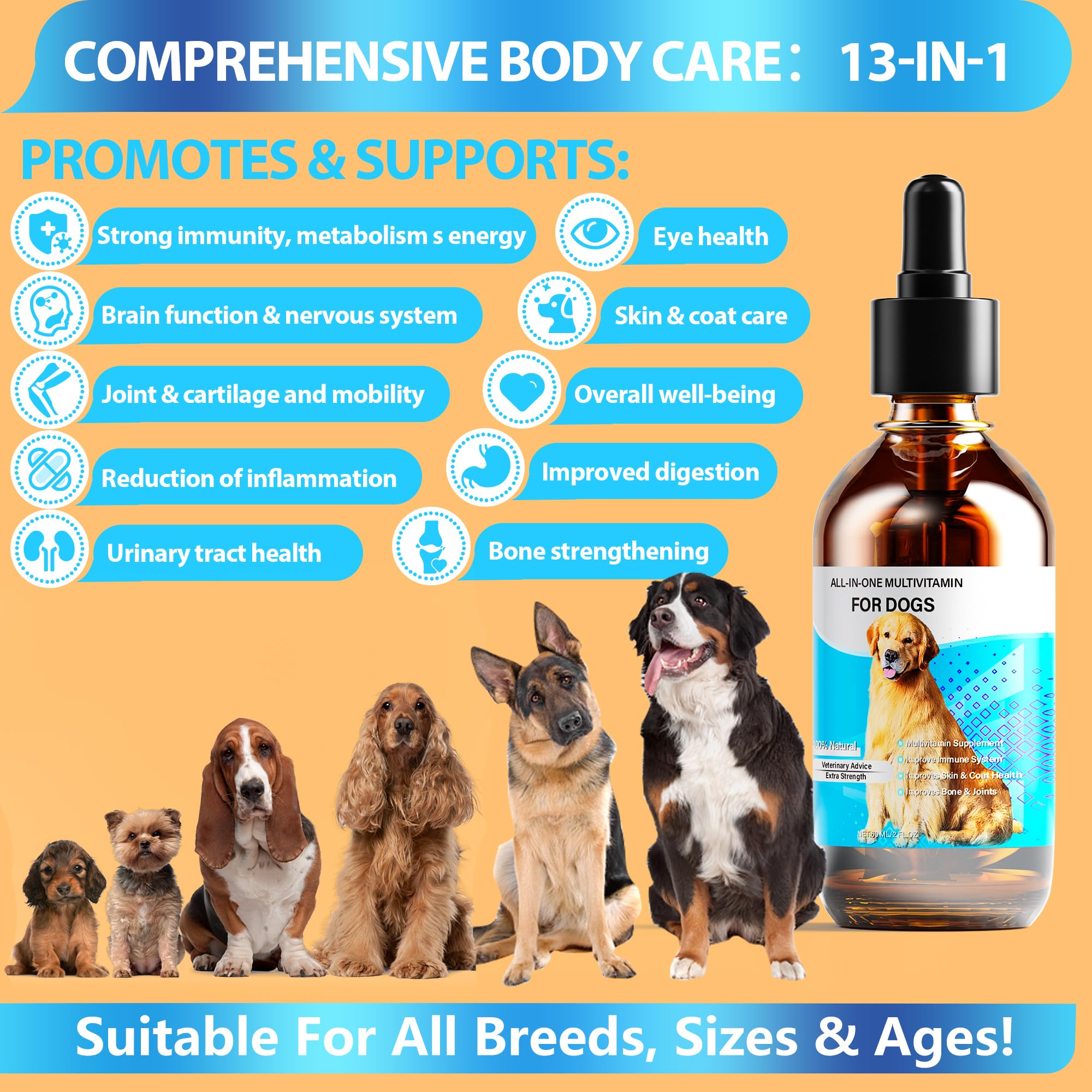 Dog Vitamins Liquid, 13-In-1 Dog Multivitamin Extra Strength to Improve Dog’s Digestive & Immune, Skin & Coat, Bone & Joint Health, 60 Ml Nature Dog Vitamins and Supplements for All Age Breed Size Dog