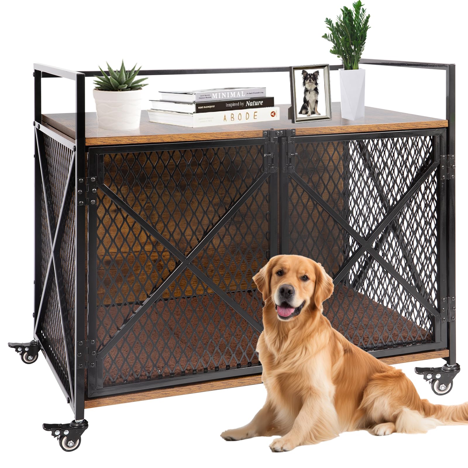 Ketive Dog Crate Furniture with Cushion, 31"L Wooden Dog Crate End Table with Double Doors, Chew-Resistant Dog Kennel Indoor, Heavy Duty Dog Crate with Wheels, Rustic Brown (31.2"L x 20.5"W x 28.9"H)