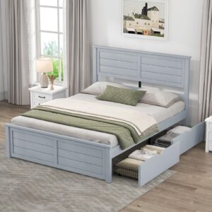 YUMPIE Queen Size Platform Bed Frame with 4 Storage Drawers and Headboard, Wood Bed Frame with Wood Slats Support, No Box Spring Needed, Storage Bed Frame for Kids, Teens, Adults, Grey