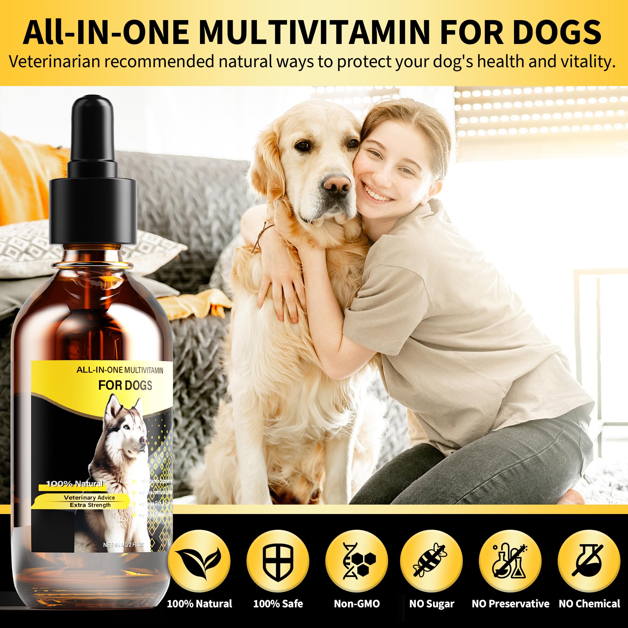 Dog Multivitamin Liquid, 13-In-1 Dog Vitamins Extra Strength to Improve Dog’s Digestive, Immune, Skin, Coat, Bone, Joints Health, 60 Ml Nature Dog Vitamins and Supplements for All Ages Breed Sizes Dog