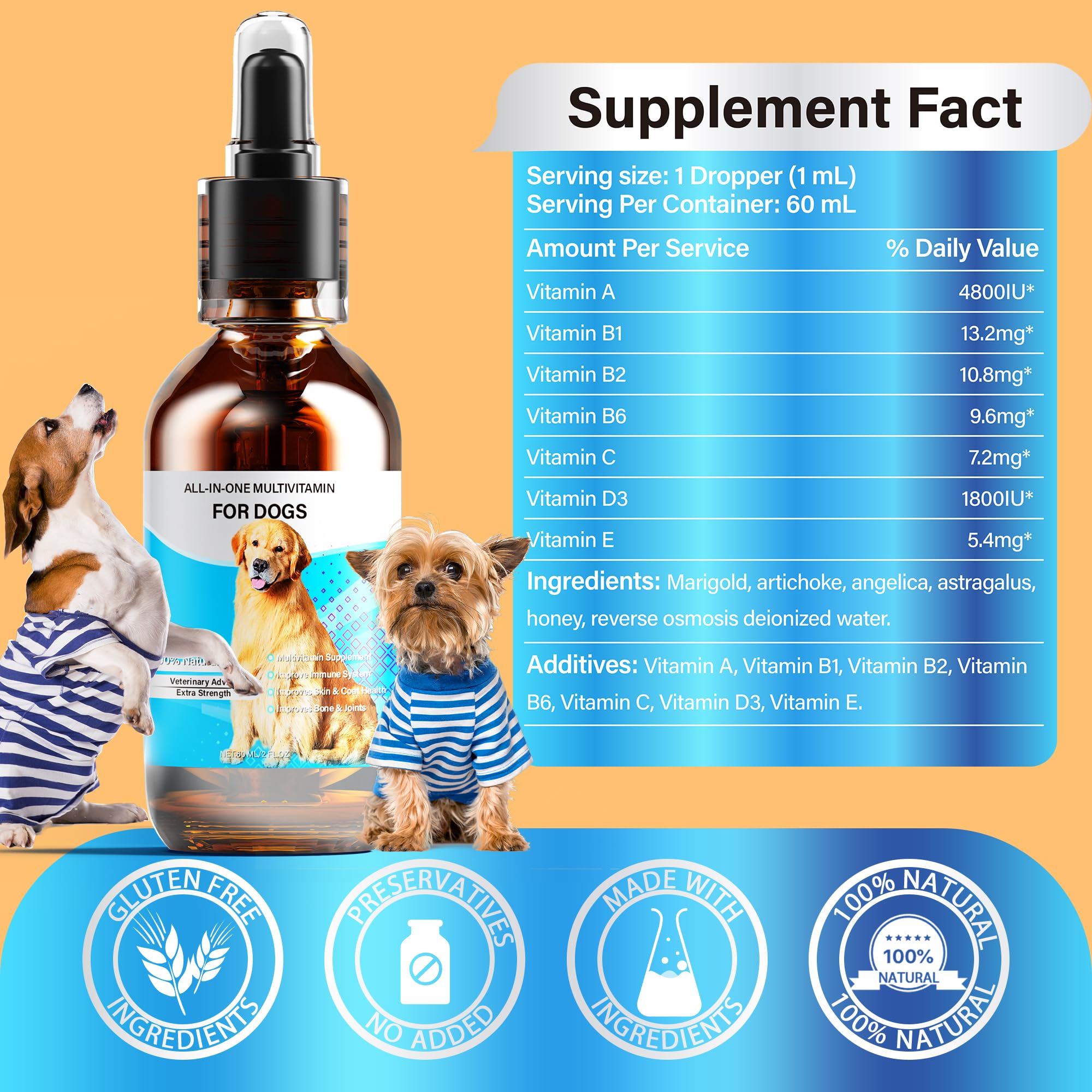 Dog Vitamins Liquid, 13-In-1 Dog Multivitamin Extra Strength to Improve Dog’s Digestive & Immune, Skin & Coat, Bone & Joint Health, 60 Ml Nature Dog Vitamins and Supplements for All Age Breed Size Dog