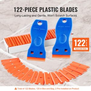 VEVOR 2PCS Razor Blade Scraper,Plastic Scraper Tool with 120PCS Plastic Blades,Cleaning Scraper Remover for Stickers,Decals,Adhesive,Labels,Paint from Glass, Car,Window,Caulk,No Scratches,Blue