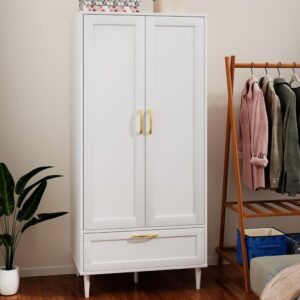 Gyger Wardrobe Closet with Drawer, Armoires and Wardrobes with Shelves and Hanging Rail,Freestanding Wooden Wardrobe Cabinet for Bedroom,White