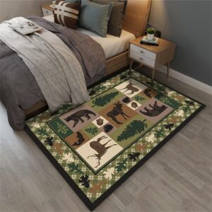 YJDRUG Lodge Cabin Black Bear Rugs for Living Room,5x7ft,Woodland Bear Moose Pine Print Area Rug, Machine Washable Area Rug, Non-Slip Indoor Door Entrance Mat