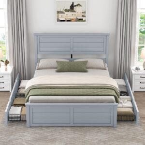 yumpie queen size platform bed frame with 4 storage drawers and headboard, wood bed frame with wood slats support, no box spring needed, storage bed frame for kids, teens, adults, grey