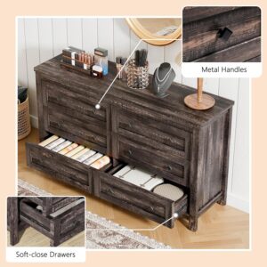 LUXOAK Bedroom Dresser and Nightstand 3 Piece Set, 1 X Wood Rustic 6 Drawer Storage Dresser, Nightstand Set of 2 with Charging Station, Farmhouse Bedroom Furniture Set, Dark Rustic Oak