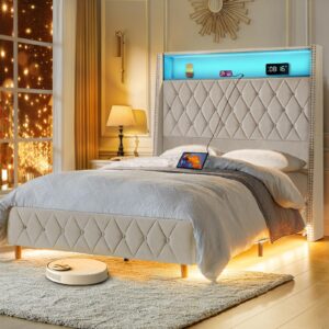 ecoharbor led full size bed frame with tall storage headboard & charging station, high upholstered bed, adjustable color light with remote control/no box spring needed/noise free, cream