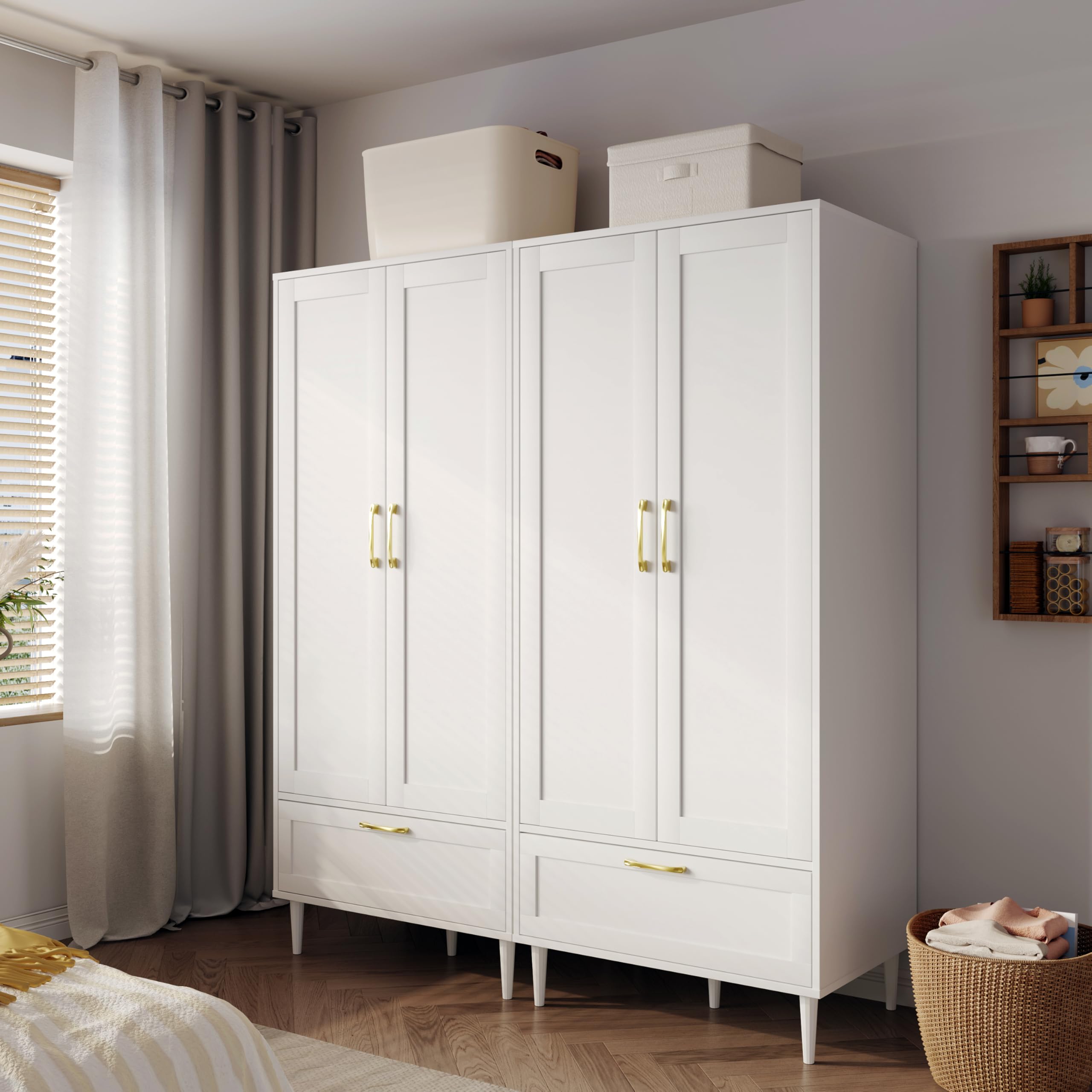 Gyger Wardrobe Closet with Drawer, Armoires and Wardrobes with Shelves and Hanging Rail,Freestanding Wooden Wardrobe Cabinet for Bedroom,White