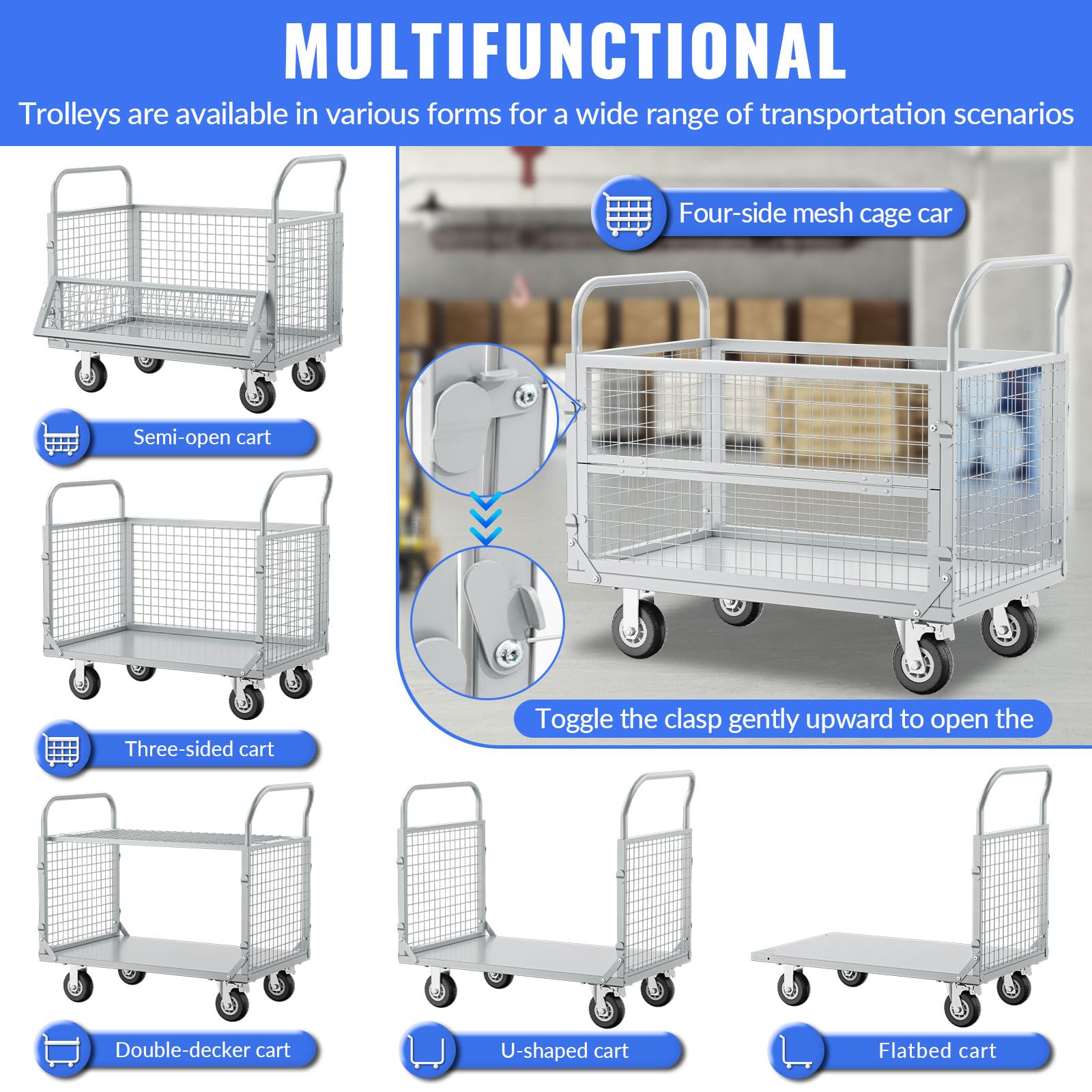 Platform Truck Cart with Cage,5in1 Heavy Duty Flatbed Cart, Foldable Hand Truck Flat Cart, Load 2500LB with 4 Swivel Casters,Multi-Functional Push Cart for Grocery, Laundry, Shelving, Pantry