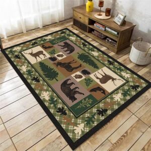 yjdrug lodge cabin black bear rugs for living room,5x7ft,woodland bear moose pine print area rug, machine washable area rug, non-slip indoor door entrance mat