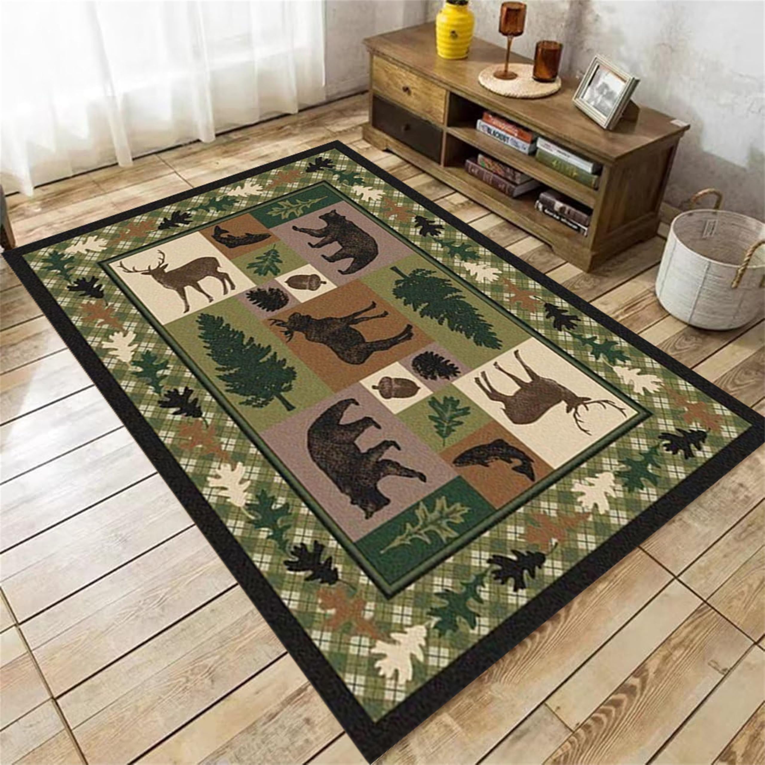 YJDRUG Lodge Cabin Black Bear Rugs for Living Room,5x7ft,Woodland Bear Moose Pine Print Area Rug, Machine Washable Area Rug, Non-Slip Indoor Door Entrance Mat