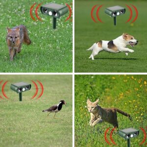 Solar Animal Repeller, Ultrasonic Animal Repellent Defender Cat, Dog, Squirrel, Deer, Fox, Outdoor Animal Deterrent with Motion Sensor and Led Light Alarm, Protect Yards, Lawn Gardens