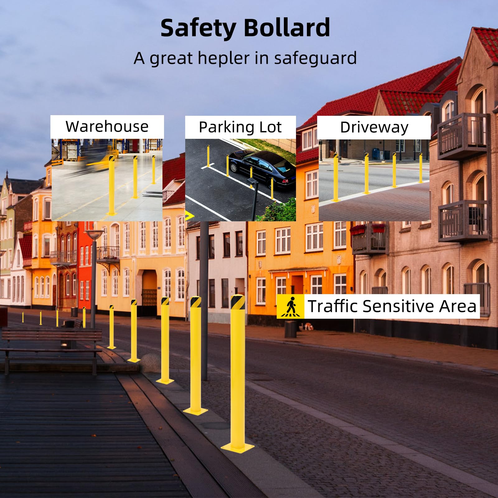 GarveeTech Safety Bollards 6 Pack - 48 Inch Heavy-Duty Yellow Steel Posts with 4.5 Inch Diameter & 8 Anchor Bolts for Effective Traffic Control & Driveway Barriers