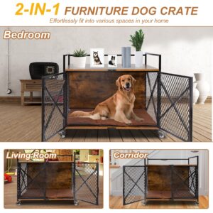 Ketive Dog Crate Furniture with Cushion, 31"L Wooden Dog Crate End Table with Double Doors, Chew-Resistant Dog Kennel Indoor, Heavy Duty Dog Crate with Wheels, Rustic Brown (31.2"L x 20.5"W x 28.9"H)