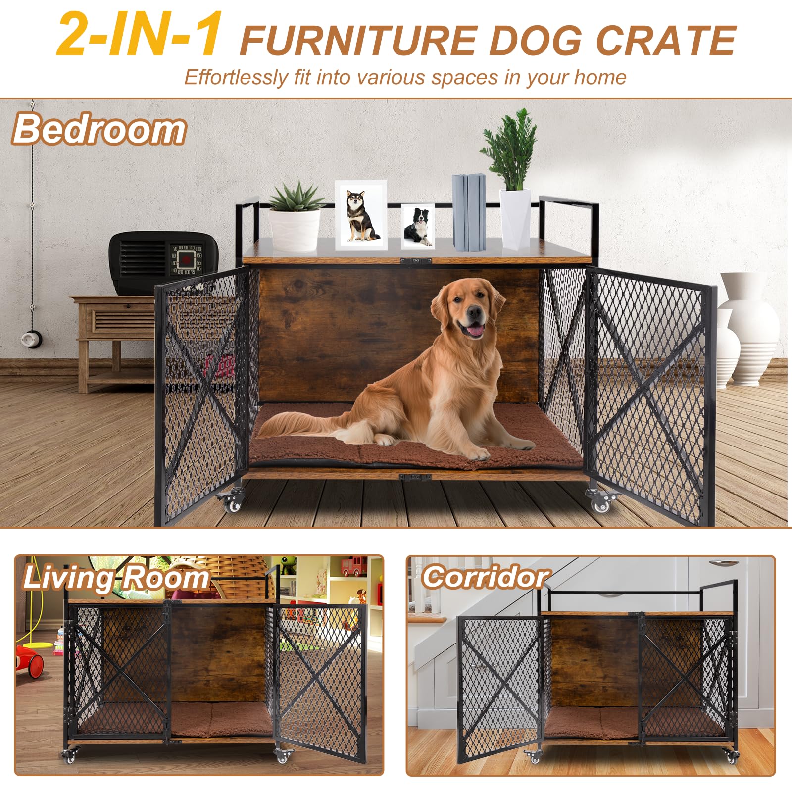 Ketive Dog Crate Furniture with Cushion, 31"L Wooden Dog Crate End Table with Double Doors, Chew-Resistant Dog Kennel Indoor, Heavy Duty Dog Crate with Wheels, Rustic Brown (31.2"L x 20.5"W x 28.9"H)