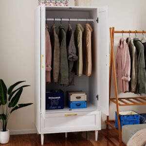 Gyger Wardrobe Closet with Drawer, Armoires and Wardrobes with Shelves and Hanging Rail,Freestanding Wooden Wardrobe Cabinet for Bedroom,White