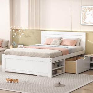 Linique Full Size Platform Bed with Drawer and Two Shelves,Full Bed Frame with Storage,Spring Box No Need,White