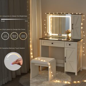 ANWBROAD Farmhouse Vanity Makeup Desk with Glass Tabletop, Vanity Desk with Lights Mirror Drawers Cabinet for Makeup, Modern Vanity Table Set with Vanity Stool for Bedroom, White UBDT59W