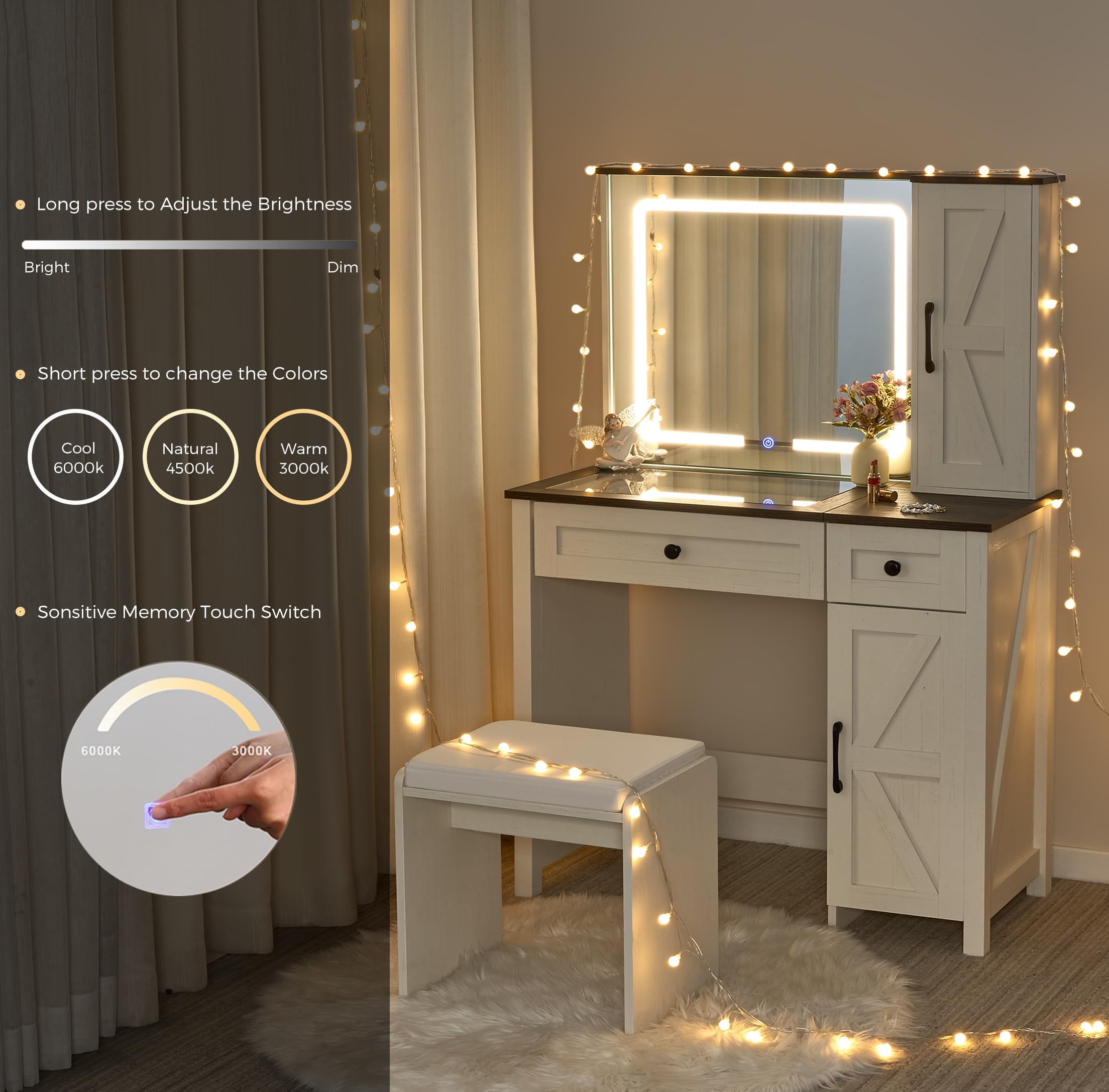 ANWBROAD Farmhouse Vanity Makeup Desk with Glass Tabletop, Vanity Desk with Lights Mirror Drawers Cabinet for Makeup, Modern Vanity Table Set with Vanity Stool for Bedroom, White UBDT59W