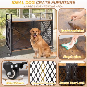 Ketive Dog Crate Furniture with Cushion, 31"L Wooden Dog Crate End Table with Double Doors, Chew-Resistant Dog Kennel Indoor, Heavy Duty Dog Crate with Wheels, Rustic Brown (31.2"L x 20.5"W x 28.9"H)