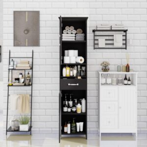 Locsear Tall Bathroom Storage Cabinet, Black Bathroom Cabinets Freestanding, Narrow Storage Cabinet w/Adjustable Shelves for Home, Kitchen, Versatile, Anti-Tipping