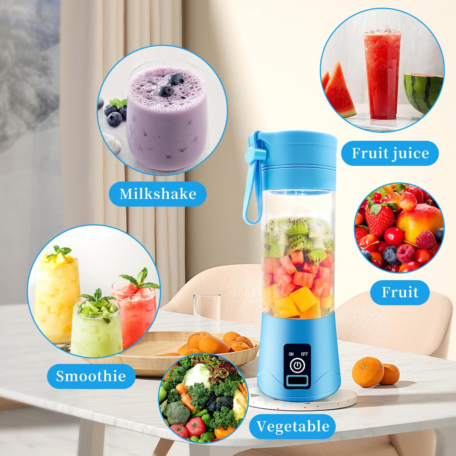 Portable Blender,Personal Blender for Shakes and Smoothies,Personal Size Blenders with USB Rechargeable Mini Fruit Juice Mixer, Mini Juicer Smoothie Blender Bottles Travel 380ML