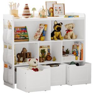 ironck toy storage organizer with 3 movable drawers, multifunctional floor storage cabinet toy chest with 5 storage cubbies, kids bookcase for boys and girls, white