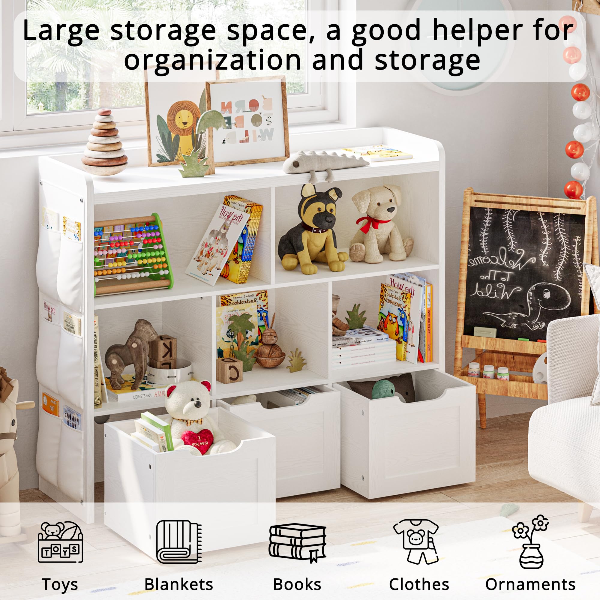 IRONCK Toy Storage Organizer with 3 Movable Drawers, Multifunctional Floor Storage Cabinet Toy Chest with 5 Storage Cubbies, Kids Bookcase for Boys and Girls, White