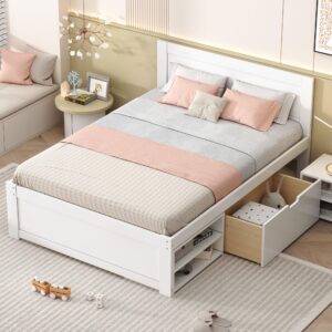 linique full size platform bed with drawer and two shelves,full bed frame with storage,spring box no need,white