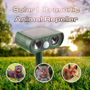 Solar Animal Repeller, Ultrasonic Animal Repellent Defender Cat, Dog, Squirrel, Deer, Fox, Outdoor Animal Deterrent with Motion Sensor and Led Light Alarm, Protect Yards, Lawn Gardens