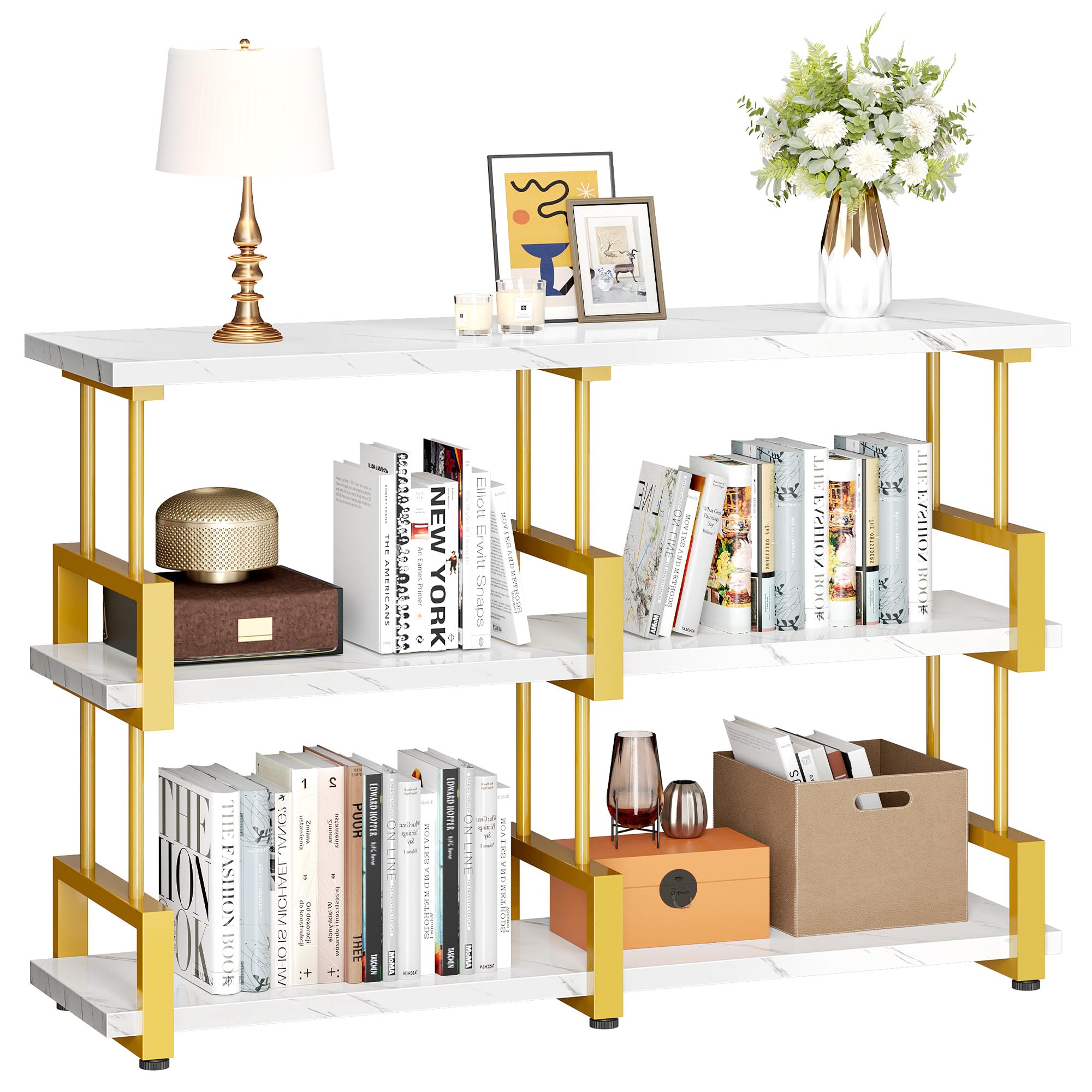 YITAHOME Gold Bookshelf, 3-Tier Modern Bookcase Open Book Shelf Horizontal Bookshelf for Living Room, Sleeping Room, Home Office, Faux Marble White