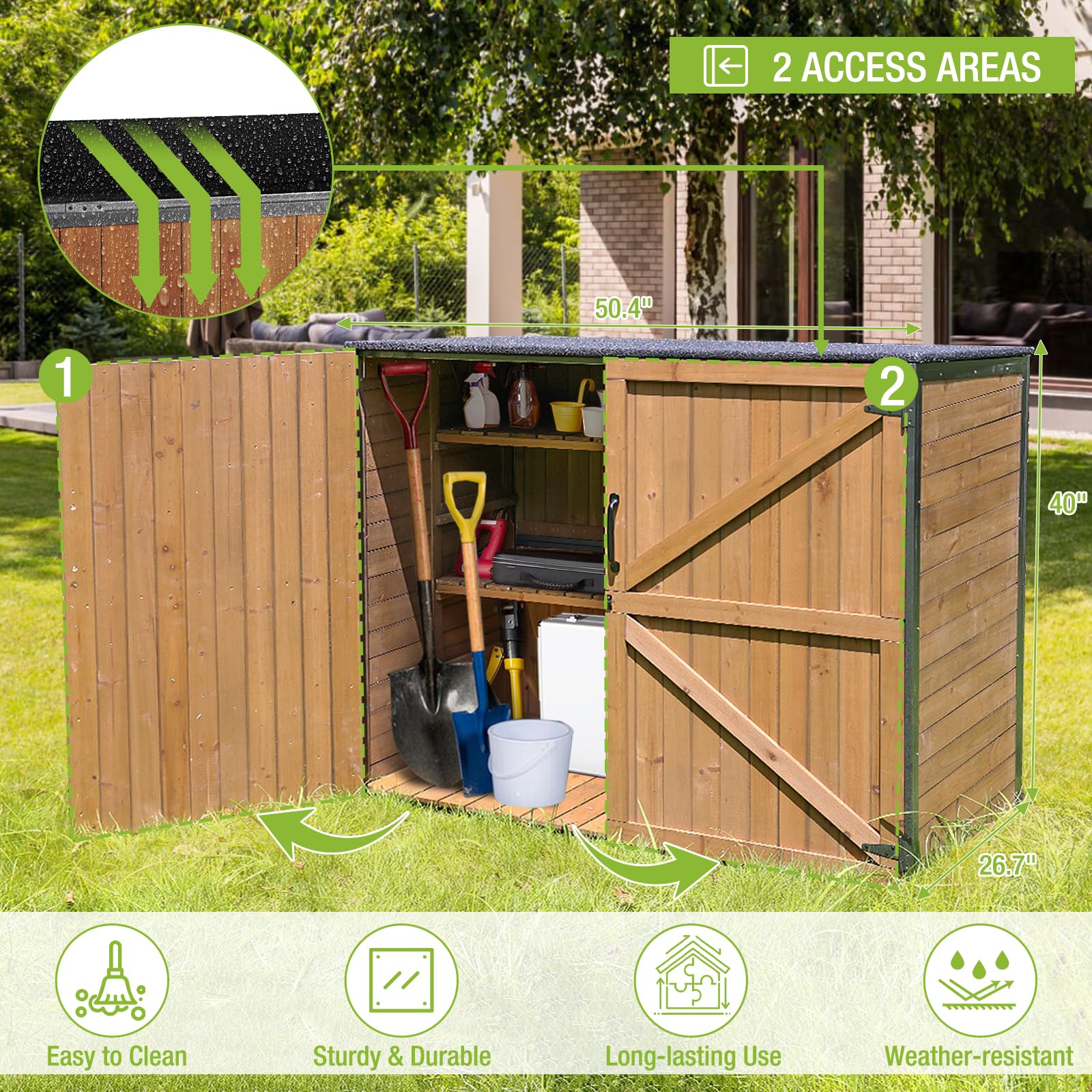 GUTINNEEN Outdoor Storage Shed,Wood & Metal Vertical Cabinet with Waterproof Roof,Small Shed for Garden,Garbage Can,Bike,Tool