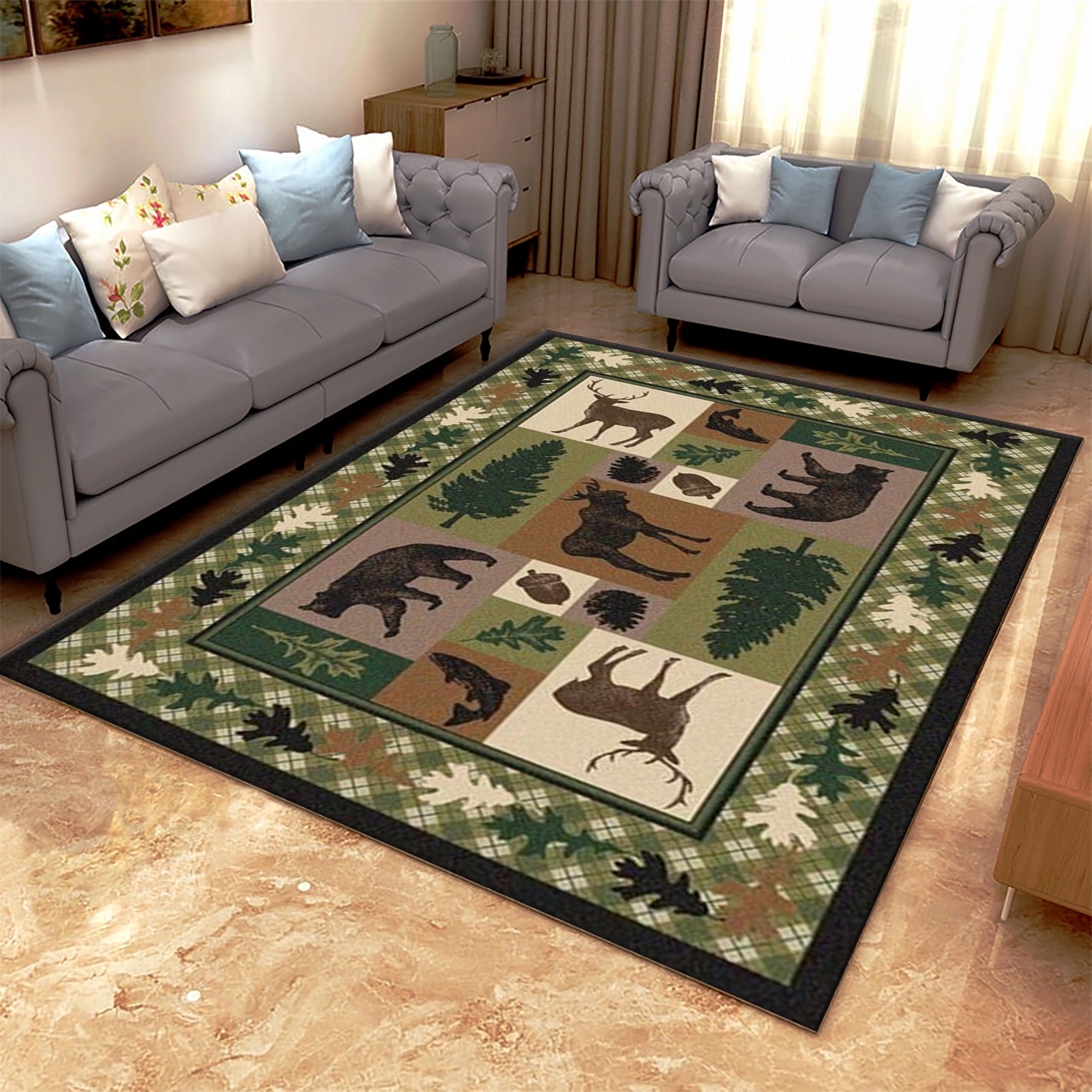 YJDRUG Lodge Cabin Black Bear Rugs for Living Room,5x7ft,Woodland Bear Moose Pine Print Area Rug, Machine Washable Area Rug, Non-Slip Indoor Door Entrance Mat