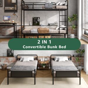 Jocoevol Bunk Bed Twin Over Twin, Industrial Bunkbeds with Ladder and High Guardrail, Twin Size Convertible Metal Bunk Beds for School, Bedroom (Black)