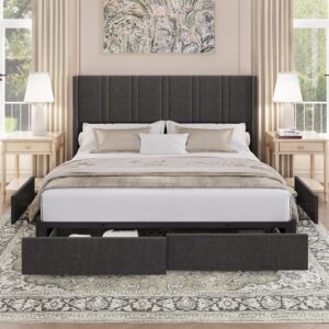 BRELTAM Queen Size Bed Frame with 4 Storage Drawers Linen Upholstered Platform Bed with Wingback Headboard, No Box Spring Needed, Easy Assembly, Dark Grey