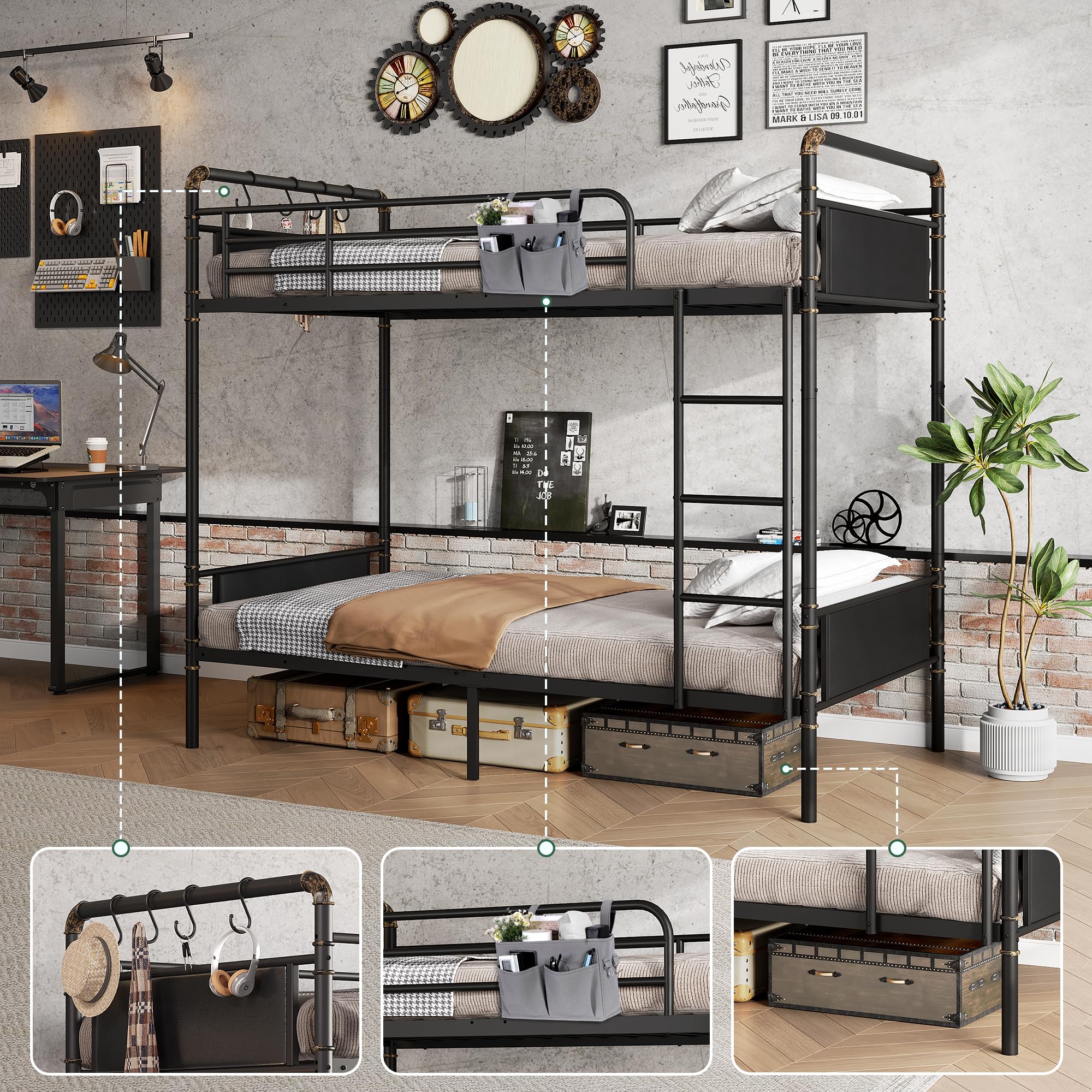 Jocoevol Bunk Bed Twin Over Twin, Industrial Bunkbeds with Ladder and High Guardrail, Twin Size Convertible Metal Bunk Beds for School, Bedroom (Black)