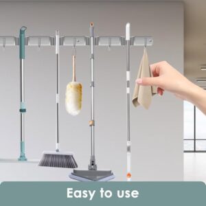 US Broom Holder Wall Mount Stainless Steel Mop and Broom Holder with 5 Racks and 6 Hooks Effective Broom Organizer Versatile Broom Hanger Wall Mount for Kitchen Closet Laundry Room Pantry(1)