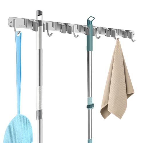 US Broom Holder Wall Mount Stainless Steel Mop and Broom Holder with 5 Racks and 6 Hooks Effective Broom Organizer Versatile Broom Hanger Wall Mount for Kitchen Closet Laundry Room Pantry(1)