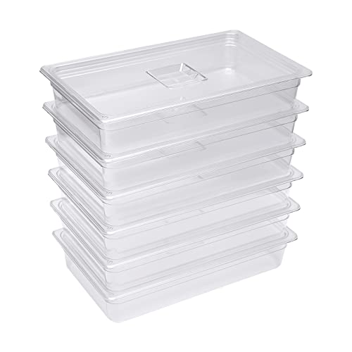 6 Pcs Food Pans with Lid, 4" Deep Commercial Hotel Pans, Clear Polycarbonate Food Storage Containers for Kitchen Restaurant Fruits Vegetables