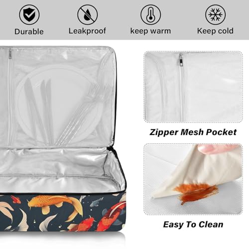 Colorful Carp Insulated Casserole Carrier for Hot or Cold Food Carrier Container Insulated Cooler Bag Thermal Food Warmer Delivery Bag for BBQ Buffet Potluck Party Christmas