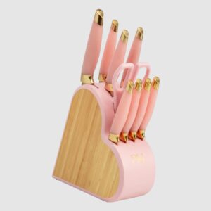 heart-shaped stainless steel knife block set, 10-piece, pink