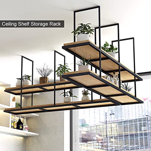 MISTRARA Ceiling Shelf Floating Shelves, 2 Layer Ceiling Mount Wine Rack with Wooden Boards, Metal Display Stand for Wine Bottle Plants Books Storage, for Restaurant, Bar, Cafe (Size : 100x