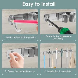 US Broom Holder Wall Mount Stainless Steel Mop and Broom Holder with 5 Racks and 6 Hooks Effective Broom Organizer Versatile Broom Hanger Wall Mount for Kitchen Closet Laundry Room Pantry(1)