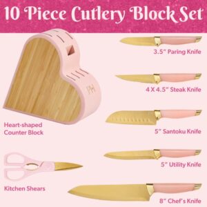 Heart-Shaped Stainless Steel Knife Block Set, 10-Piece, Pink