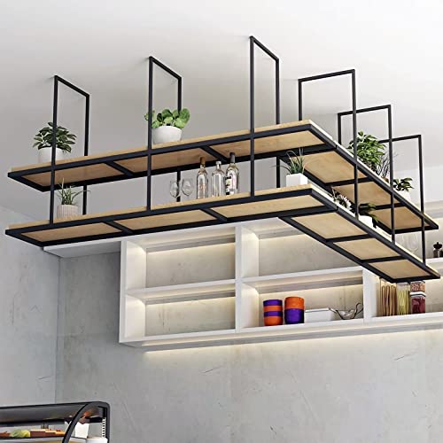 MISTRARA Ceiling Shelf Floating Shelves, 2 Layer Ceiling Mount Wine Rack with Wooden Boards, Metal Display Stand for Wine Bottle Plants Books Storage, for Restaurant, Bar, Cafe (Size : 100x