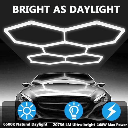 DHXYHQY Hexagon Led Garage Lights, 5 Grid Ultrabright Led Garage Light Car Detailing Ceiling Light, 168W 6500K Hexagon Honeycomb Shop Lights for Warehouse Workshop Gym Basement Office