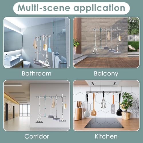 US Broom Holder Wall Mount Stainless Steel Mop and Broom Holder with 5 Racks and 6 Hooks Effective Broom Organizer Versatile Broom Hanger Wall Mount for Kitchen Closet Laundry Room Pantry(1)