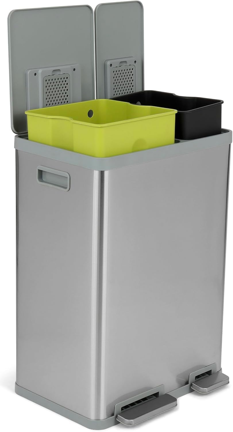 Simpli-Magic 60 Liter / 16 Gallon Rectangular Hands-Free Dual Compartment Recycling Kitchen Step Trash Can with Soft-Close Lid, Brushed Stainless Steel (40L + 20L Capacity)