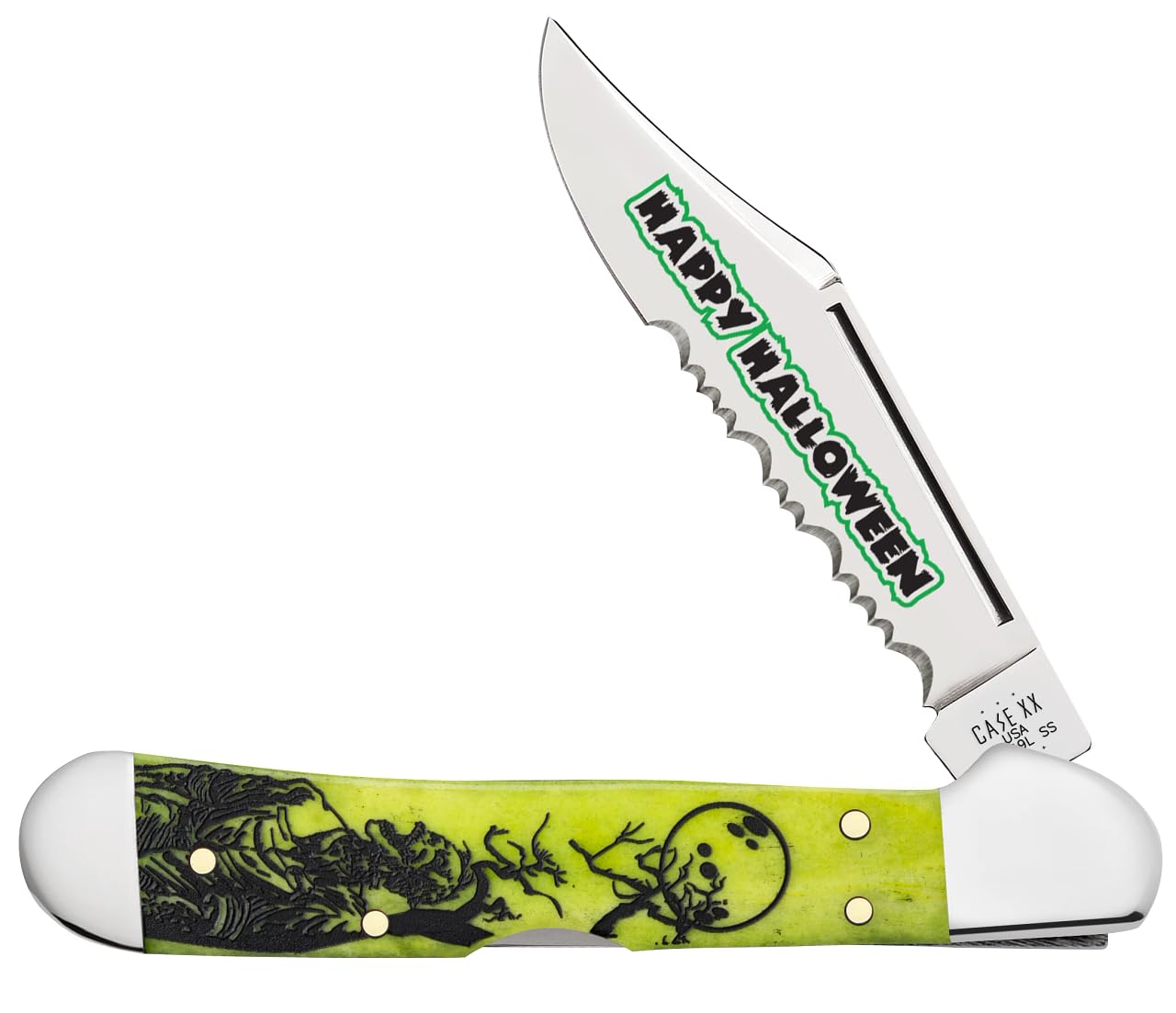 Case XX Knives Mini Copperlock Halloween Green Bone 10632 Serrated Pocket Knife