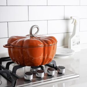 Pumpkin Shaped Dutch Oven Pot with Lid, Cast Iron Pumpkin Dutch Oven, Enamel Coated, Non-Stick Pumpkin Pot, 4 Qt Stew Pot, Serves 3-5, Halloween & Thanksgiving Decor Pot Gift(Orange)